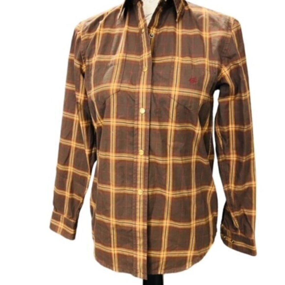 Lauren Ralph Lauren Polo Western Shirt Womens Brown Plaid Gold Snap PP Petite